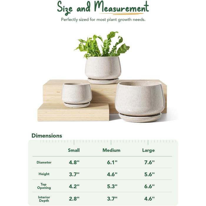 Керамічні горщики LE TAUCI з підставкою, 10+13+16 см, набір 3 шт. для кімнатних рослин, з дренажним отвором, бежева реактивна глазур
