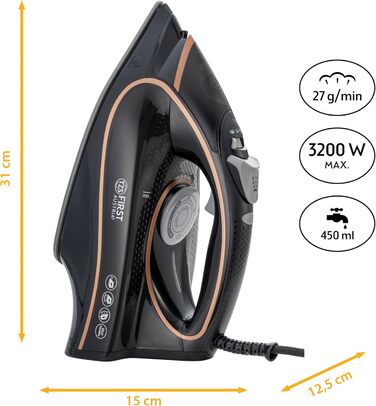 Відпарювач TZS First Austria I 2800-3200W з керамічною підошвою | Самоочищення, вертикальний пар, антинакип, сухе прасування | 0,45л, 1.3кг, білий/мідний