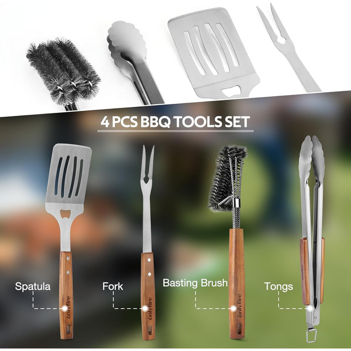 Набір гриль-посуду Onlyfire 4 шт. з нержавіючої сталі та акації (щипці, лопатка, виделка, щітка)