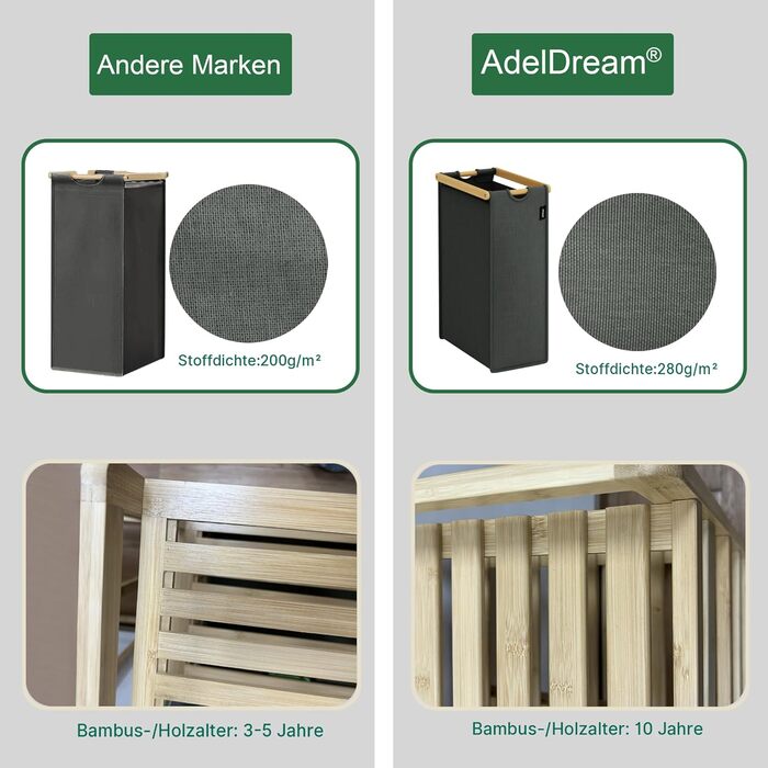 Кошик для білизни AdelDream Premium 200L з 4 відділеннями, висувний та знімний мішок для білизни з бамбуковим каркасом, сірий – кошик для білизни та органайзер для ванної кімнати та спальні