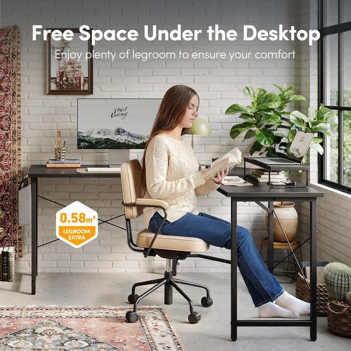 Ігровий стіл CubiCubi L-подібний, 150x120 см, з підставкою для монітора та кишенькою для зберігання, чорний