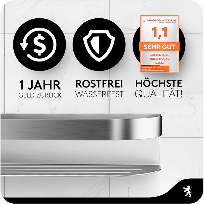 Поличка для душу GUTTENBURG без свердління (XXL, 38 см, 2200 см³), міцна, з нержавіючої сталі, проста установка ARCOS 38