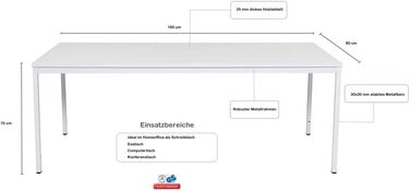 Стіл сталевий 160x80x75 см, сірий, легко збирається, робочий стіл, офісний стіл, кухонний стіл, обідній стіл, стіл для друку Офісні меблі Кабінет Комп'ютерний стіл Ігровий стіл Багатофункціональний стіл, 24