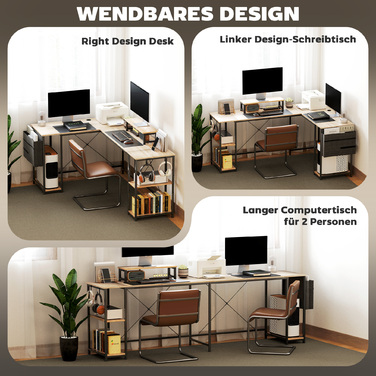 Кутовий письмовий стіл, багатофункціональний офісний стіл з регульованими полицями, кишенею для зберігання та підставкою для монітора, натуральне дерево