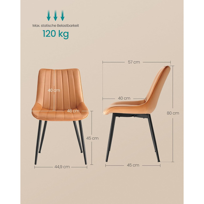 Стільці для їдальні SONGMICS, м'які, з оксамиту, до 120 кг, сталеві ніжки, вигнута спинка, для кухні та їдальні, чорний (Karamellbraun, набір 4 шт.)