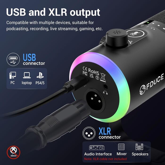 Мікрофон ігровий FDUCE з USB/XLR підключенням, RGB-підсвічуванням та регулюванням Gain для стрімінгу, запису подкастів та ігор (D30+)