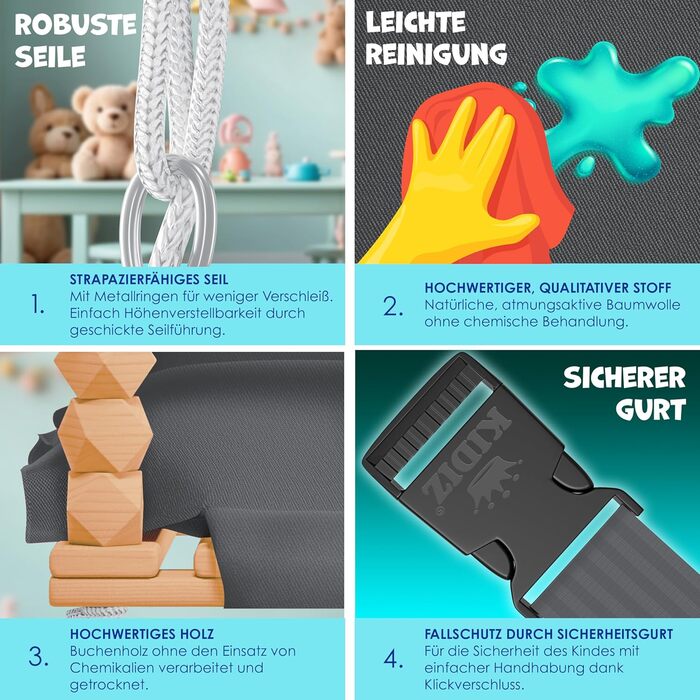 Дитячий гойдалка-колиска KIDIZ® для немовлят від 6 місяців та малюків до 3+ років. Дерев'яна гойдалка з регульованою висотою та м'якою подушкою. Для дому та вулиці, антрацит.