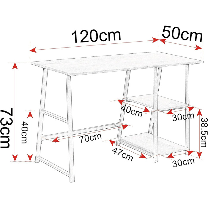 Комп'ютерний стіл Офісний стіл Робочий стіл ПК Стіл для ноутбука, з 2 полицями, виготовлений з МДФ та сталі, 120x50x73см (ШxГxВ) Світлий дуб, 25hei