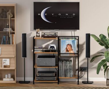 Підставка для програвача з полицями для вінілових платівок, до 200+ альбомів, медіа-тумба, консольний столик, стійка для аудіо-відео, підставка для програвача, полиця в стилі рустік, коричнева, компактна