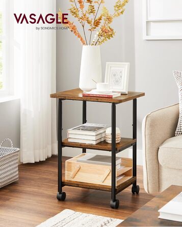 Столик для принтера VASAGLE з роликами, 3-рівневий, регульована стільниця, промисловий стиль, для офісу/кабінету, вінтажно-коричнево-чорний, OPS003B01V1