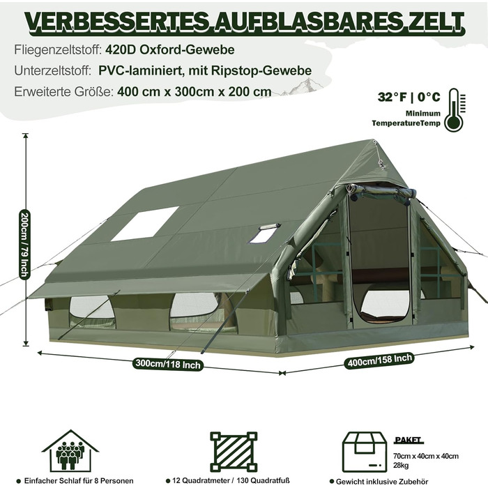 Надувний кемпінговий намет Oxford 420D для 7-10 осіб з насосом, водонепроникний (3000 мм), 4 сезони, з вікнами-москітними сітками та димоходом 400x300x200 см