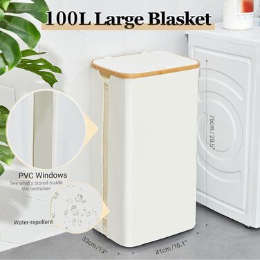 Кошик для білизни з кришкою, 100 л, з прозорим вікном, знімні мішки, для ванної, спальні, дому, іграшок, пральні (бежевий)