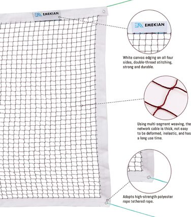 Сітка для бадмінтону EMEKIAN для занять спортом на відкритому повітрі в приміщенні, 6,8 х 7,5 м, портативна змінна класична сітка для бадмінтону зі сталевими тросами, без перекладин 6,1 м х 0,76 м