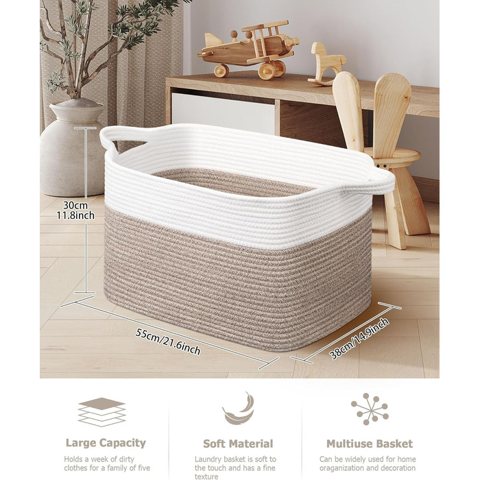Кошики для білизни 2 шт. (63L) з бавовни, плетений, з ручками, для зберігання ковдр, одягу, іграшок, білий та коричневий