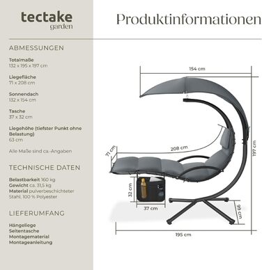 Тектейк® гамак з каркасом, гамак-крісло, гамак з сонцезахистом, гамак-шезлонг, гамак-гойдалка з сумкою, подушкою для голови, для саду, тераси та балкону - сірий
