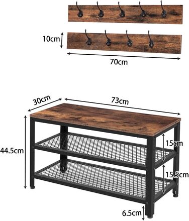 Вішалка для взуття Набір лавок для взуття, Вішалка для одягу з лавкою, Вішалка для взуття з сидінням, 9 гачків, Промисловий стиль, Металевий каркас, для передпокою, Вхідна зона, Темний Коричневий-Чорний EBF17MT01 73 x 30 x 44,5 см Темно-коричневий, Чорний