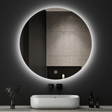 Дзеркало для ванної кімнати Boromal круглої форми 60 см з годинником та підсвічуванням, 3 кольори світла, регулювання яскравості 3000-6500K, 1810LM, LED, сенсорне керування, стилізація Jd