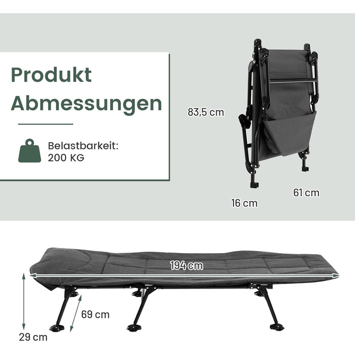 Складане ліжко для риболовлі та кемпінгу GOPLUS, посилене (до 200 кг), з регульованою спинкою (6 позицій) та спеціальними опорами для м'якого ґрунту, сіре
