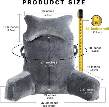 Велике крісло-мішок для читання, 78.7 см, з підголовником та підлокітниками, сіре, для читання та відпочинку