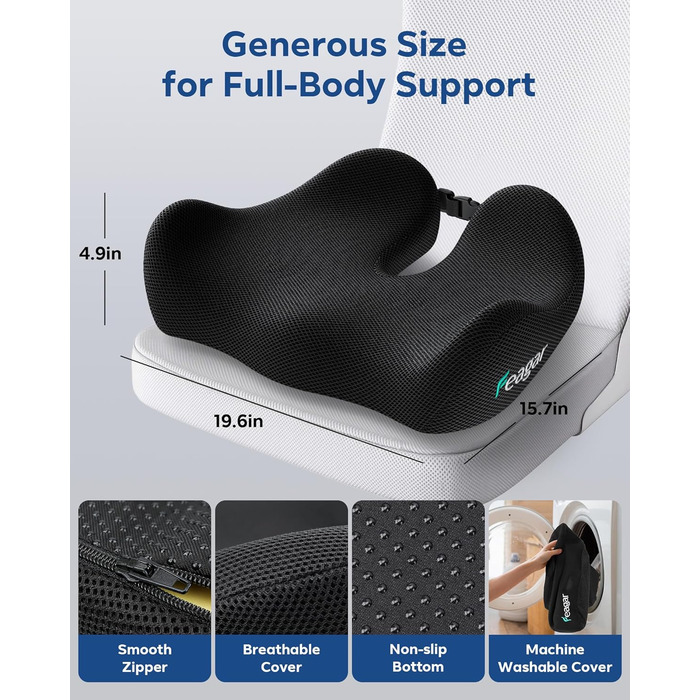 Ортопедична подушка для сидіння Feagar з memory foam - ергономічна подушка для офісного крісла, авто та дому - подушка для куприка, зняття навантаження при тривалому сидінні, неслизька (до 100 кг), чорна