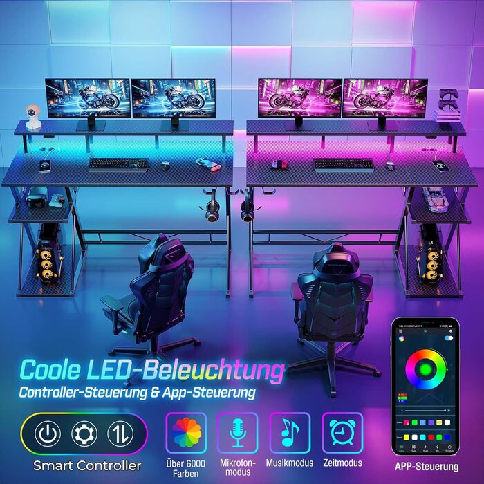 Ігровий стіл SEVEN WARRIOR з LED-підсвічуванням та розетками, стіл з підставкою для монітора, комп'ютерний стіл з 2 гачками, ідеальний для спальні, вітальні (100 см)