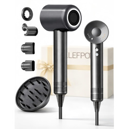 Професійний фен для волосся з дифузором та 5 насадками, іонний, 1600W, безщітковий мотор, низький рівень шуму, сріблясто-сірий