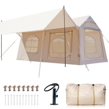 Надувний намет для кемпінгу Oxford 12 осіб з навісом - водонепроникний, швидкозбірний, для глемпінгу
