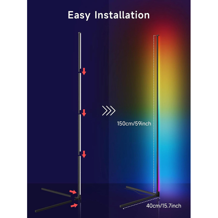 LED торшер у вітальню RGB кутовий, димується з пультом та додатком, синхронізація з музикою, DIY-режим, таймер - чорний