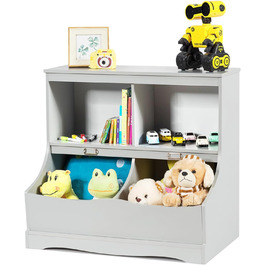 Дитяча полиця з 2 відділеннями та 2 ящиками для зберігання, дерев'яна полиця для іграшок, стелаж для іграшок та книг, книжкова шафа, 67 x 40 x 62 см (сірий)