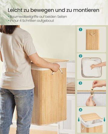 Кошик для білизни SONGMICS 95 л з кришкою, бамбук, з ручками, складний, знімний мішок, придатний для прання, для ванної кімнати, натуральний колір