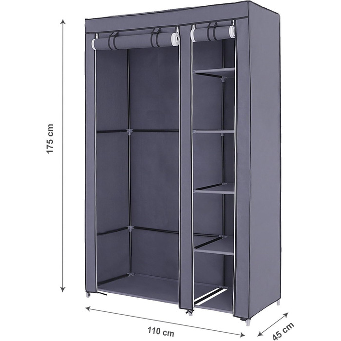 Тканинна шафа Шафа-купе Розкладна шафа Кемпінгова шафа з вішалкою для одягу 110 x 175 x 45 см Сірий LSF007G, Тканина