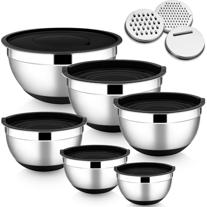 Набір мисок HaWare 6 шт. з нержавіючої сталі, набір салатників з герметичними кришками та 3 насадки для тертя, об'єм 4,6/2,8/2,5/1,6/1,2/0,7 л, антиковзний силіконовий низ, придатні для миття в посудомийній машині, чорний колір