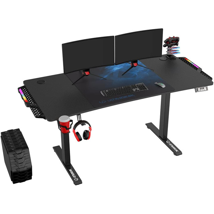 ULTRADESK Стіл для роботи Level V2 - Регульована висота, 140x68 см, з підсвіткою, для геймінгу, офісу, дому - з XL-килимком для миші (Синій)