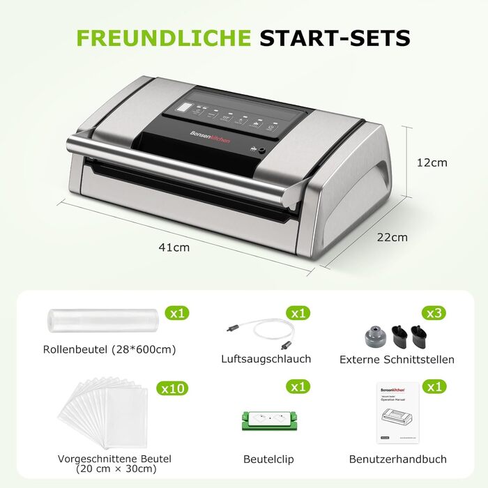 Вакууматор Bonsenkitchen VS5100 для Sous-Vide, 15 л/хв, з вбудованим різаком та кліпсою для пакетів, сріблястий