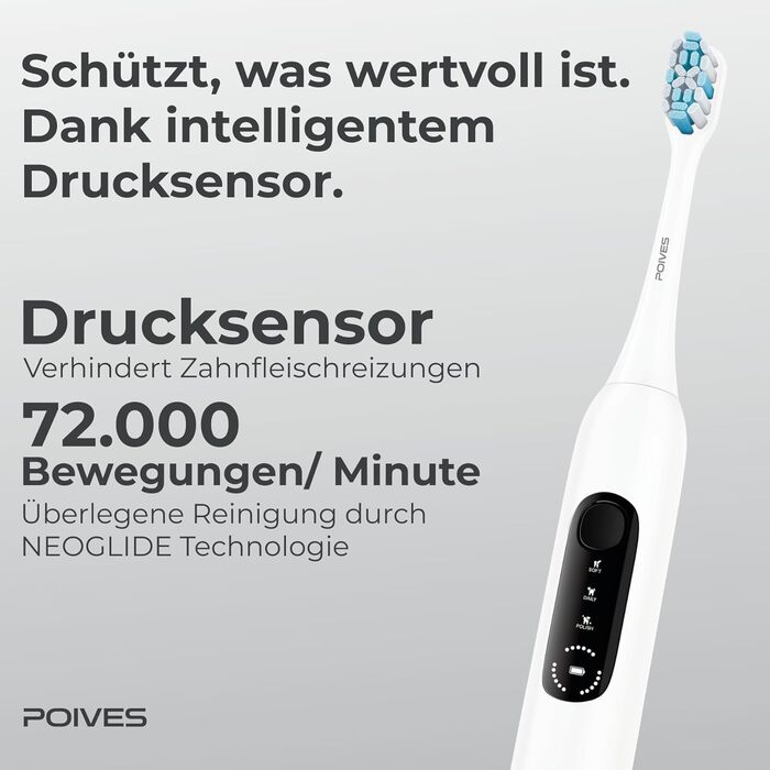 Електрична зубна щітка POIVES P1 Pro з датчиком тиску, 72 000 рухів, гарантія до 4 років, 111 днів без ризику, тривалий час роботи, колір Midnight Blue (P1 Pro Silk White)