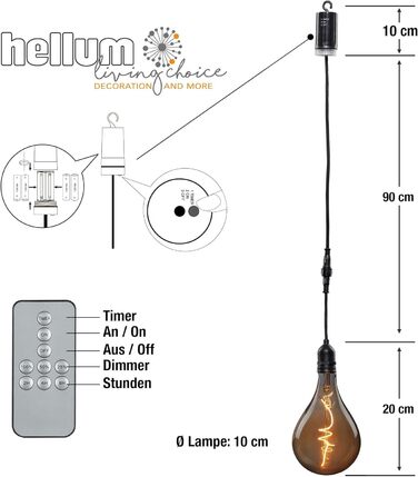Підвісний світильник Hellum з батареєю та пультом дистанційного керування на вулиці, A100 Ø 10 x 20 см, димчаста лампочка з батареєю, ретро-підвісна лампа з регулюванням яскравості, підвісна підвісна батарея (4xAA не входить у комплект) 150445 димчасто-сі