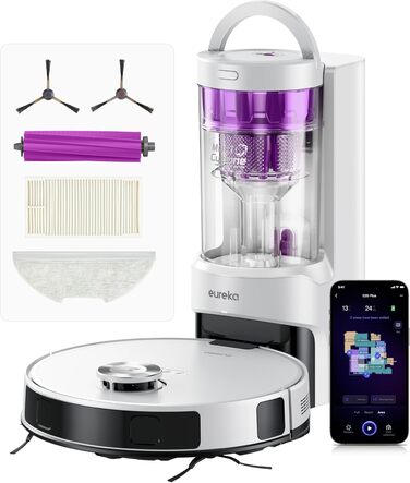 Робот-пилосос EUREKA E20 Plus з самостійною станцією спустошення, 8000Pa, функція миття підлоги, 45 днів автономної роботи, захист від заплутування волосся, AI 3D уникнення перешкод, підходить для світлих підлог