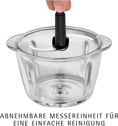WMF Kult X Електричний подрібнювач міні-подрібнювач з скляною чашею та лезами з нержавіючої сталі, для овочів, трав та горіхів, 1л, довговічний, придатний для миття в посудомийній машині