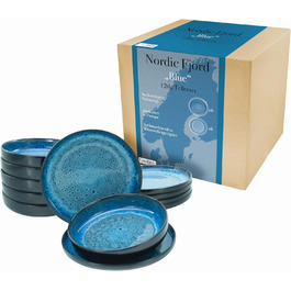 Набір посуду серії Nordic Fjord 18 шт., Набір тарілок з порцелянової плитки (набір тарілок 12 шт., синій), 21551