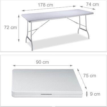 Розкладний садовий стіл Relaxdays BASTIAN, великий, ручка для перенесення, міцний кемпінговий стіл, В x Ш x Г 72 x 178 x 74 см, (білий)