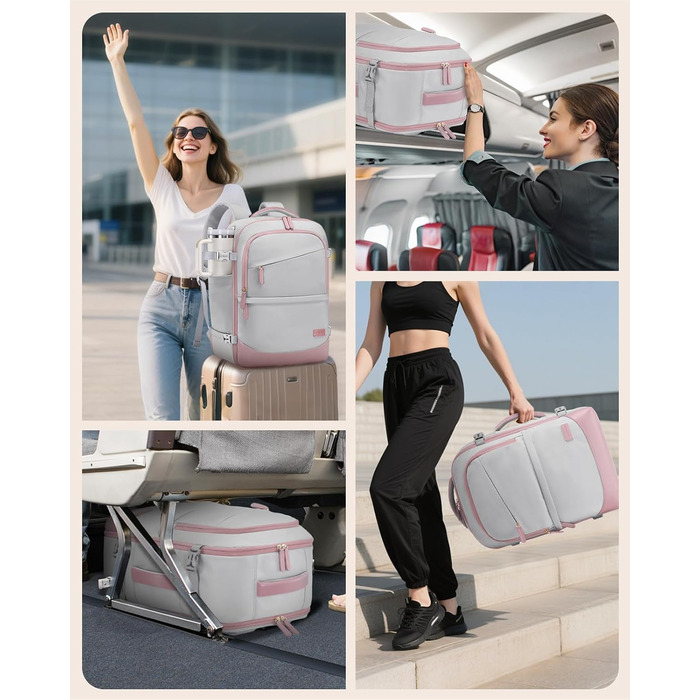 Рюкзак для ручної поклажі LOVEVOOK 40L, сірий/рожевий, для ноутбука 17.3