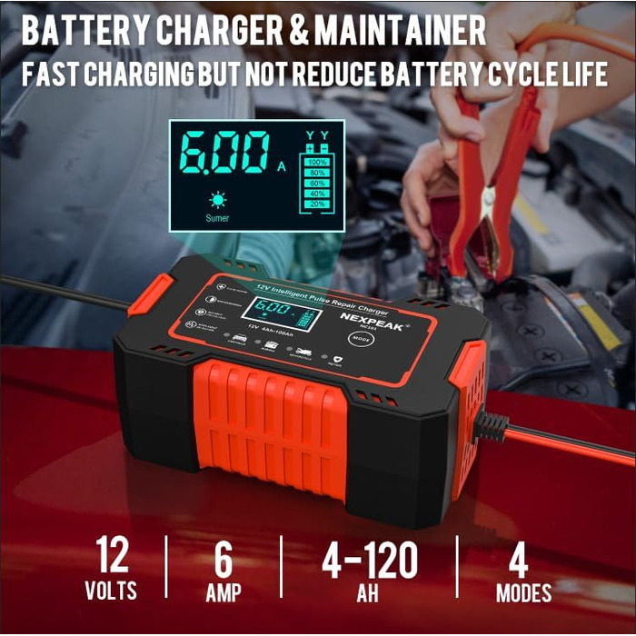 Зарядний пристрій для акумулятора 12V 6A, Smart, автоматичний, з температурною компенсацією, для авто, вантажівок, мотоциклів, газонокосарок, човнів, морських акумуляторів, червоний