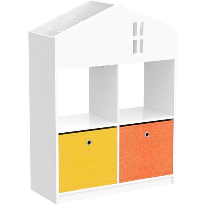 Дитяча книжкова шафа SoBuy KMB49-W з дизайном будинку Дитяча полиця з 2 тканинними коробками Стелаж для зберігання іграшок для дітей Органайзер для іграшок білий BHT Приблизно 65x927см