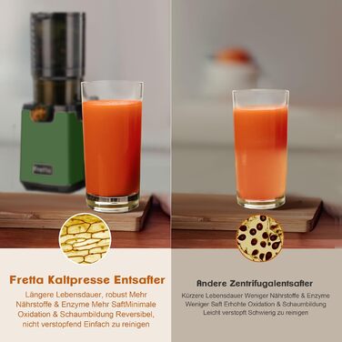 Фреш-прес Fretta Slow Juicer: Швидкий та зручний соковичавник з нержавіючої сталі для овочів та фруктів, 135 мм, 1.8 л, з функцією реверсу, 250W (Темно-зелений)