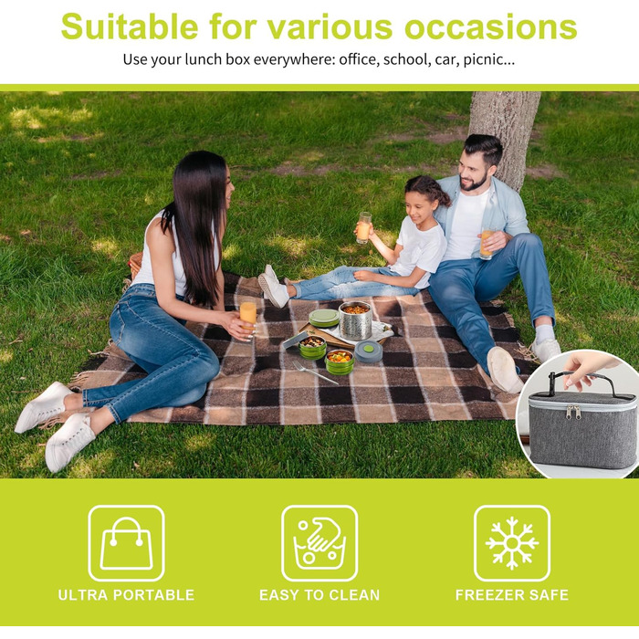 Набір ланч-боксів Lille Home 1065 мл з термоізоляцією, 2 контейнери BPA-free, сумка, столовий прилад, зелений