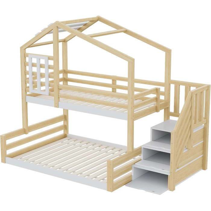 Двоярусне ліжко 90x200 та 140x200 см, дитяче ліжко-горище з місцем для зберігання, сходами та дахом, ліжко-будиночок з вікном, з ламелями та захистом від падіння, без матраца, натуральне дерево