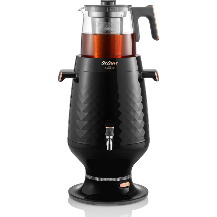 Арзум Ehlikeyf: Електричний турецький чайник, 2200W, 3.5L (водовар) / 1.2L (чайник), нержавіюча сталь, регулювання температури, захист від сухого кипіння, чорний