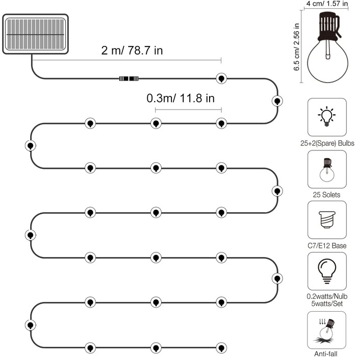 Світлодіодна вулична гірлянда litogo, 25 2 світлодіода 9 м G40 сонячні гірлянди, водонепроникні зовнішні лампочки IP55 4 режими, Сонячна підсвітка
