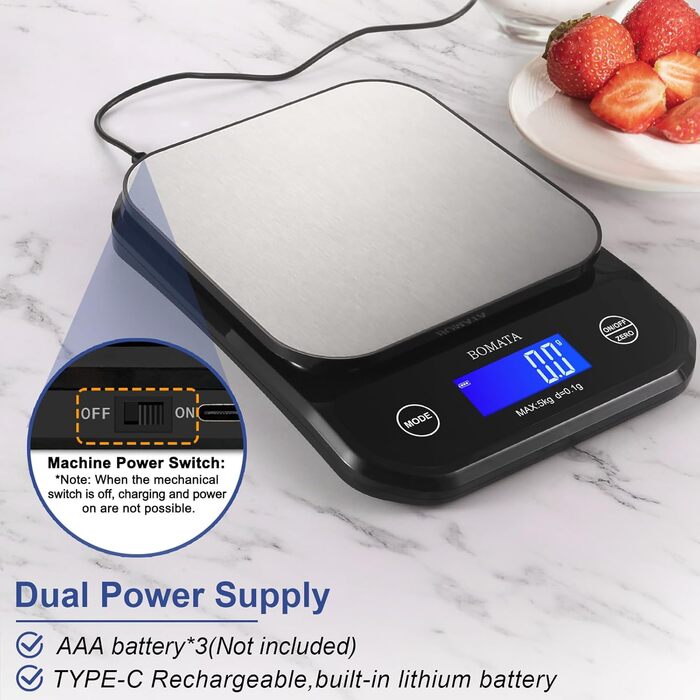 Кухонні ваги BOMATA: цифрові, 5 кг, точність 0,1 г, USB-C, нержавіюча сталь, для приготування їжі та випічки