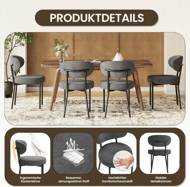 Обідні стільці COLAMY з м'яким сидінням 10 см – Сучасні стільці з плюшевої тканини Teddy, з міцним металевим каркасом – Для кухні та вітальні, Білий (Сірий, 2 шт.)